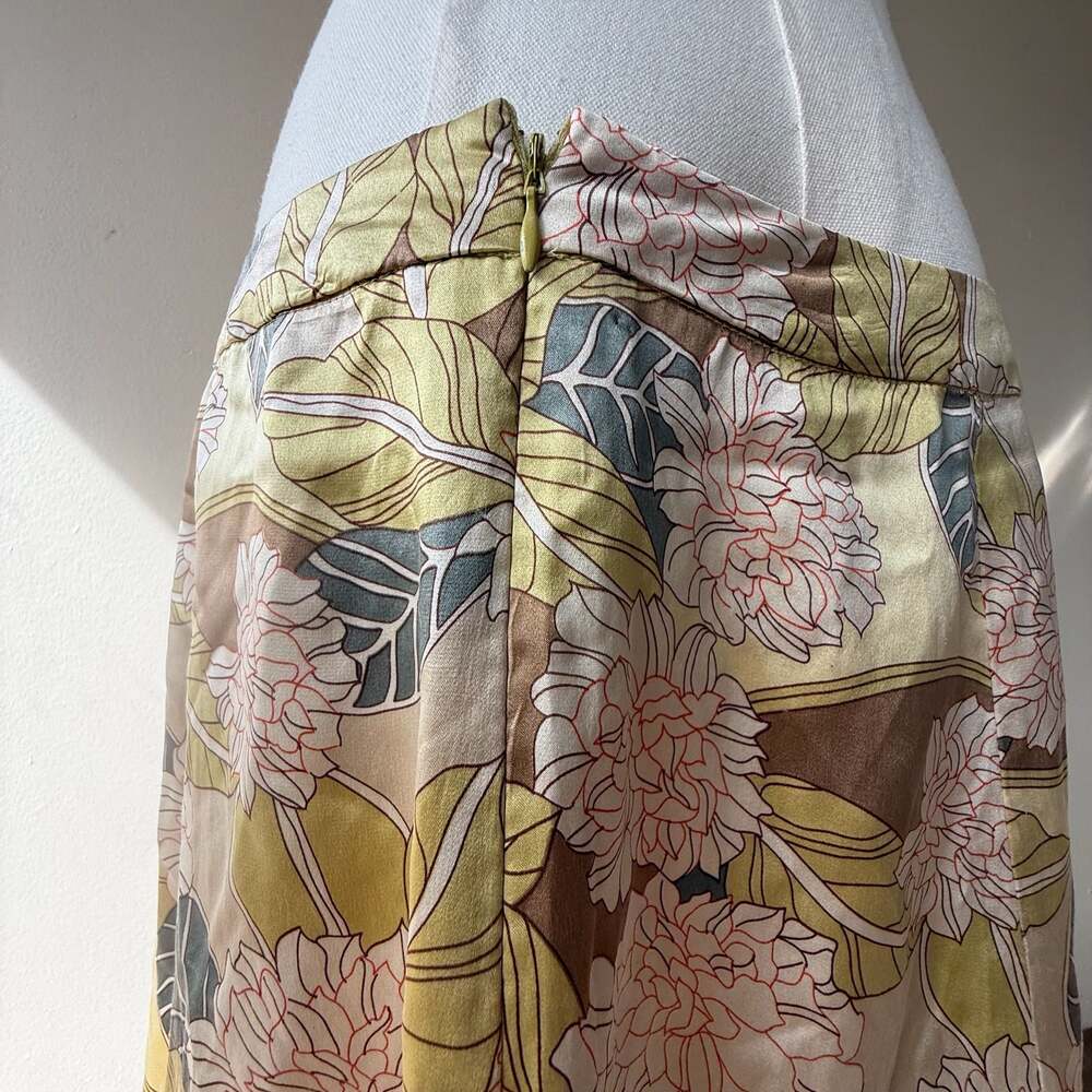 100% Silk Floral Yellow Green Midi Skirt - Picture 6 of 8